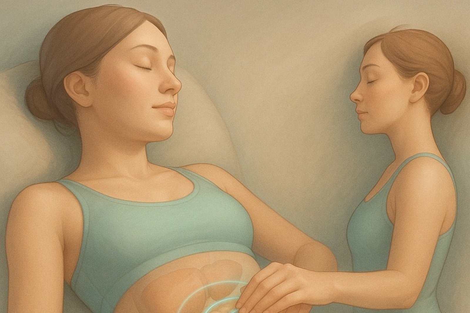 Viszeralen Bauchmassage im TAMENA-Stil mit einer Frau, die ein leichtes Trainingsoutfit trägt. Sie zeigt die Hände des Therapeuten bei rhythmischen Kreisbewegungen auf dem bedeckten Abdomen und halbtransparente Organe mit leuchtenden Linien für den energetischen Fluss. Viszeralen Bauchmassage