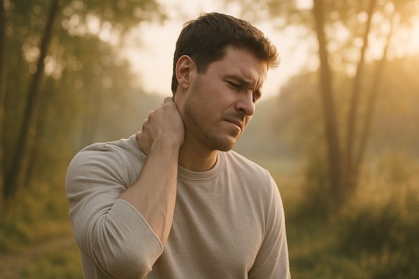 Man outdoors touching his neck in pain due to neck stiffness or tension