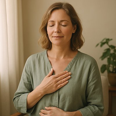 Frau_sitzen_Grün_HAndaufHerz