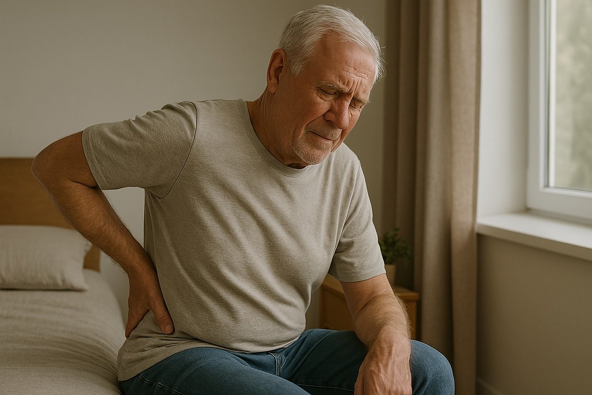 Older man sitting on a bed holding his lower back with one hand and grimacing in pain due to back pain and tension