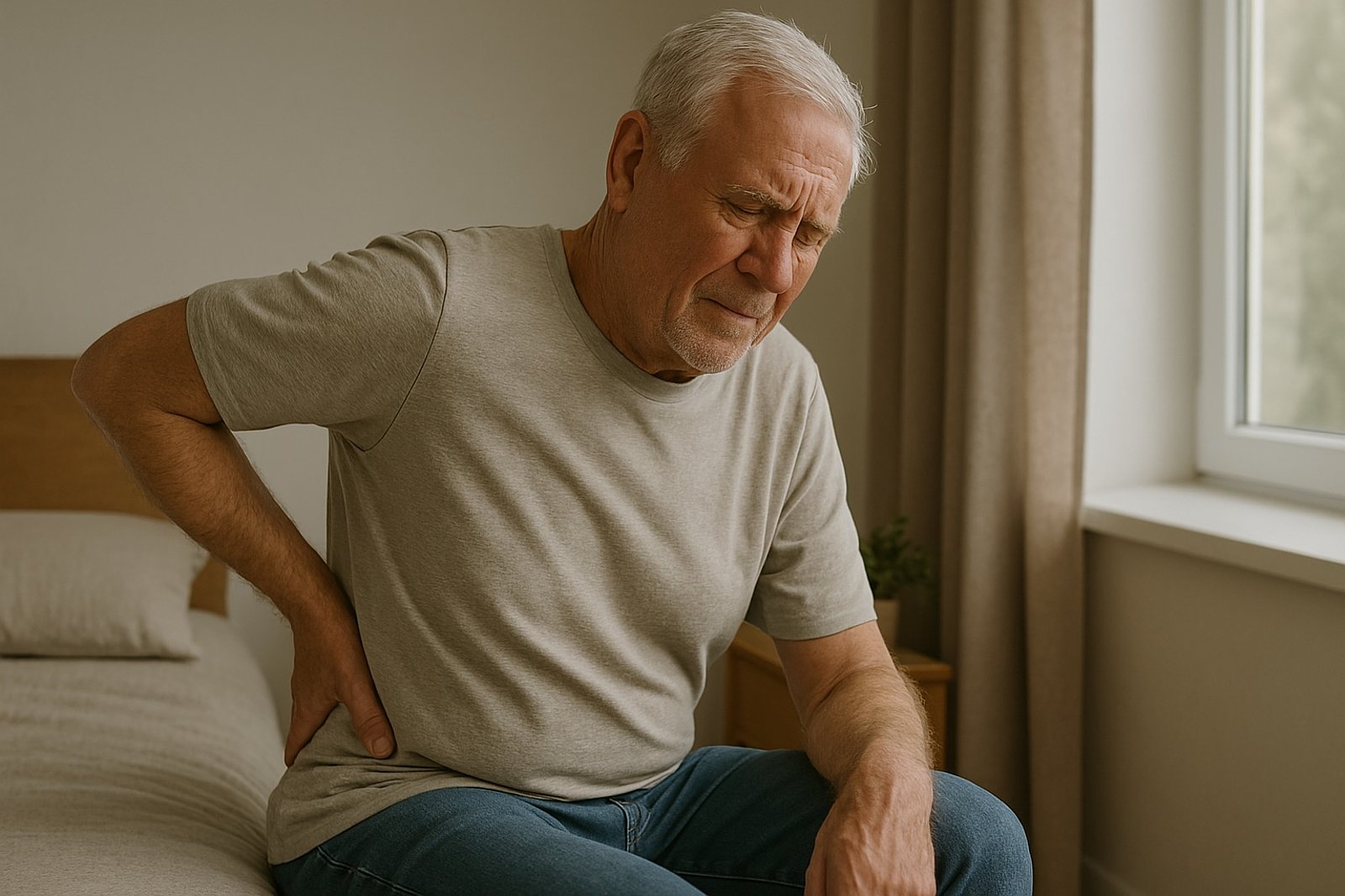 Schmerztherapie nach Dorn-Breuß in Weinheim Older man sitting on a bed holding his lower back with one hand and grimacing in pain due to back pain and tension